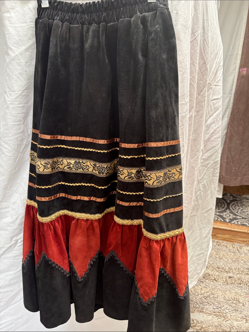Bettina Women's Black and Rust Tiered Velvet Skirt with Gold Trim